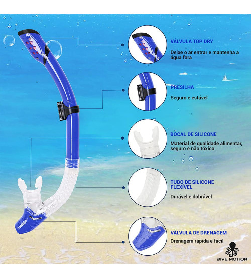 Kit mergulho Shark Snorkel Dry (seco) + Nadadeira Seasub - Azul