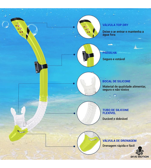 Kit mergulho Shark Snorkel Dry (seco) + Nadadeira Seasub - Amarelo/Limão