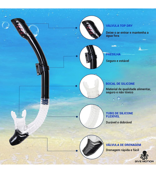 Kit mergulho Shark Snorkel Dry (seco) + Nadadeira Seasub - Preto