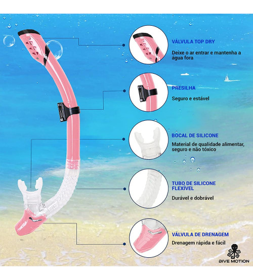 Kit mergulho Shark Snorkel Dry (seco) + Nadadeira Seasub - Rosa